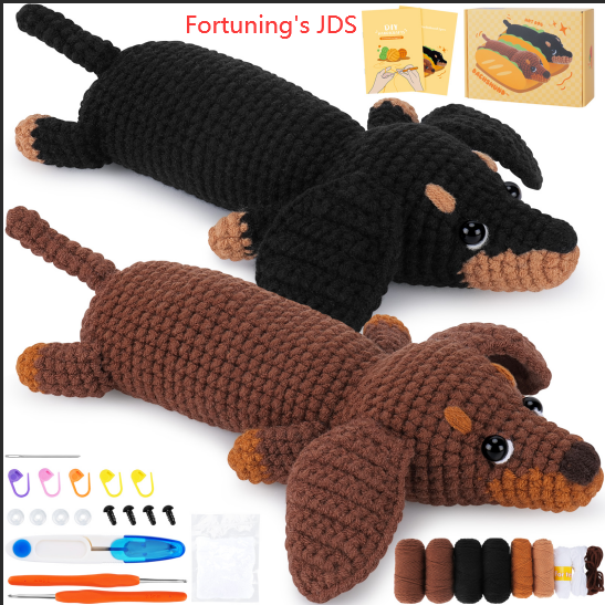 Fortuning's JDS Crochet Kit for Beginners Dachshund Dog Crochet Animal Kit Complete Animal Crochet with Step-by-Step Video Tutorials
