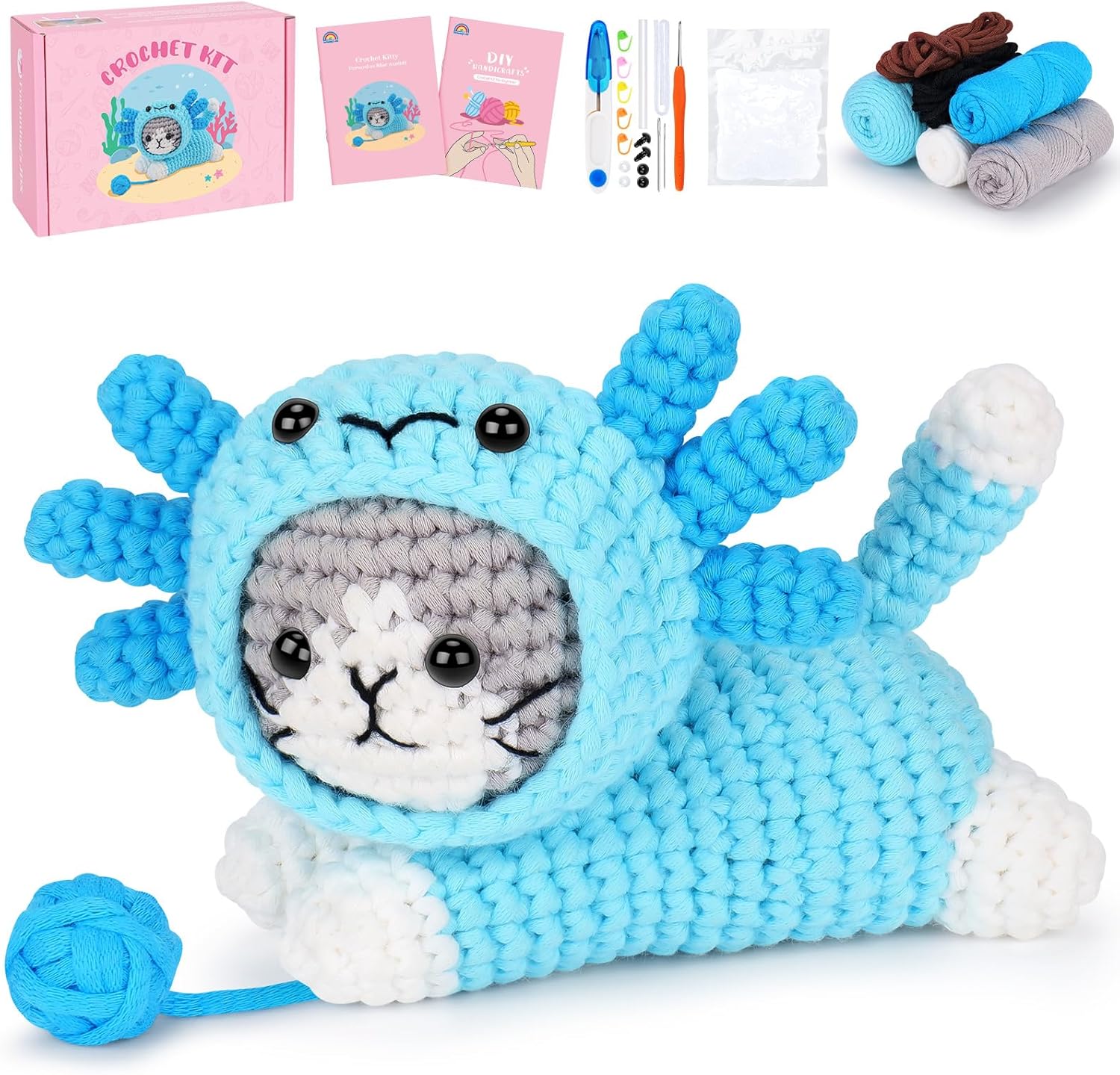 Crochet Kitty Dressed  as Blue Axolotl
